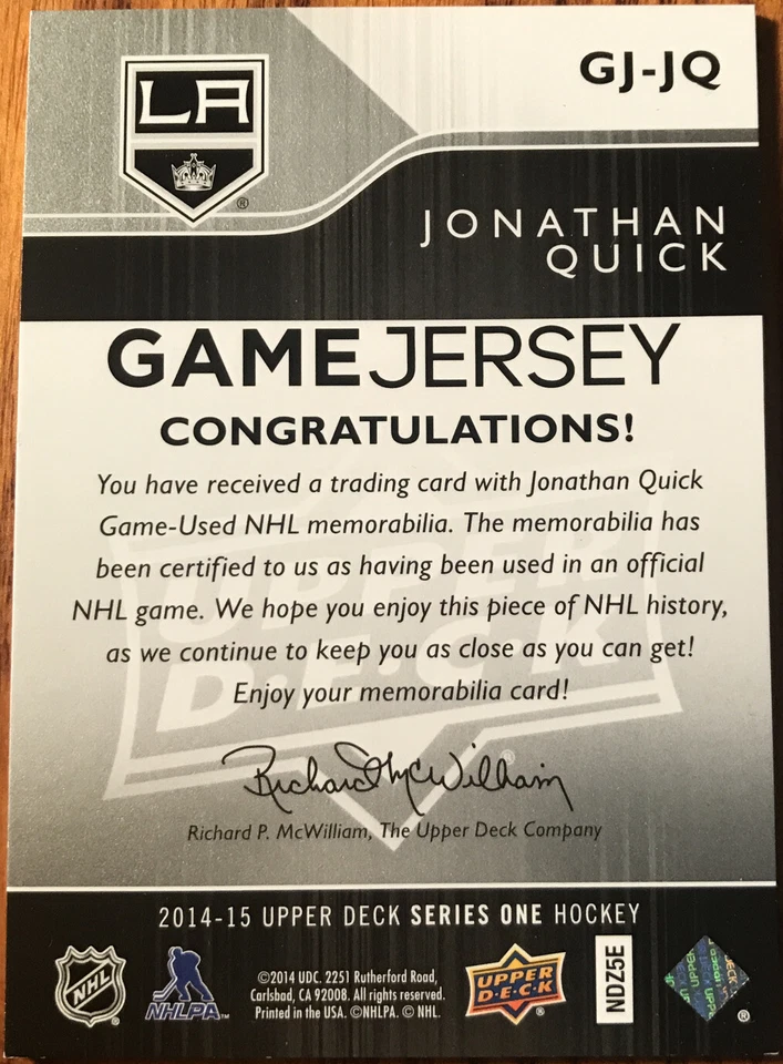 2014-15 Upper Deck UD Game Jersey Jonathan Quick #GJ-JQ Los Angeles Kings - Image 2 of 2