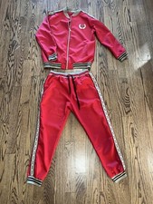Unisex Full Zip Track Suit Status Print Red Size L/xl