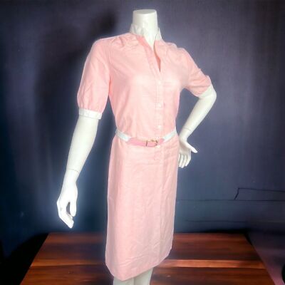 pink shirtwaist dress VINTAGE Shirtwaist Dress Pink High Neck Belted Short Sleeve KC Petites Size 10