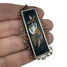 Pietra Dura ✨ Victorian ANTIQUE Stone Inlay Floral Pendant Filigree Quartz ITALY