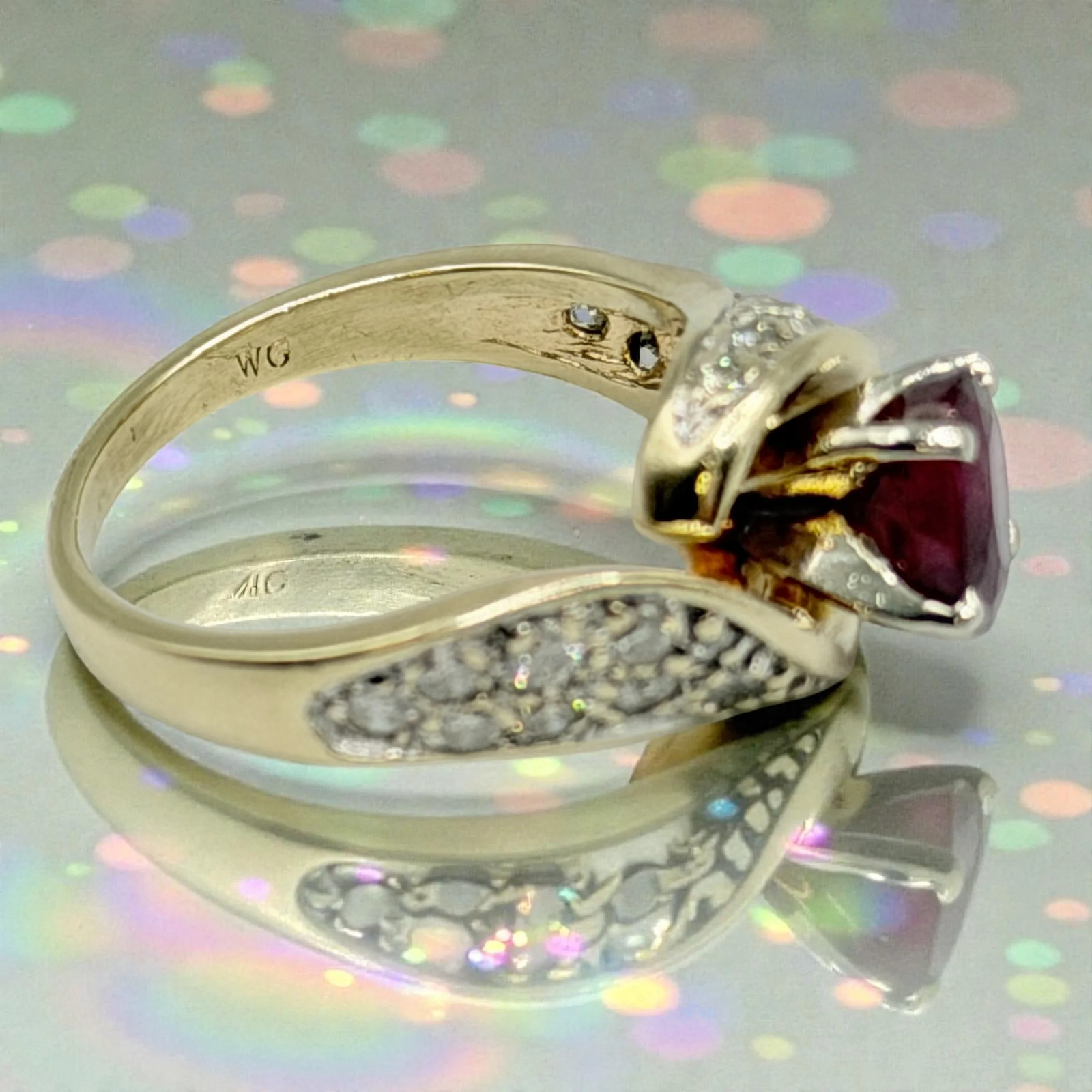 Solid 14K Yellow Gold Ruby Ring with 24 Diamond A… - image 2