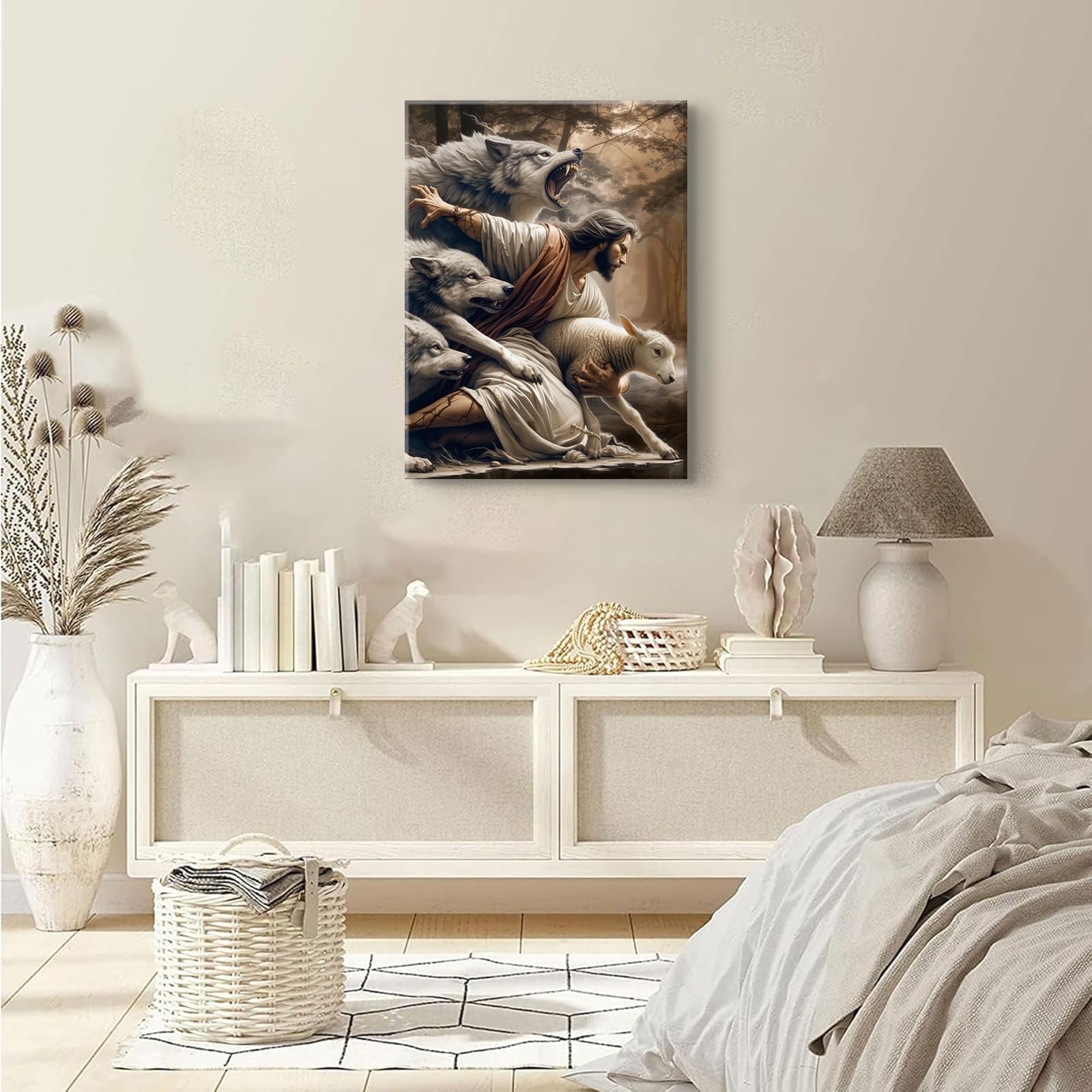 Jesus and Lamb Canvas Wall Art Jesus Saves The Lost Lamb Picture Wall Decor G...