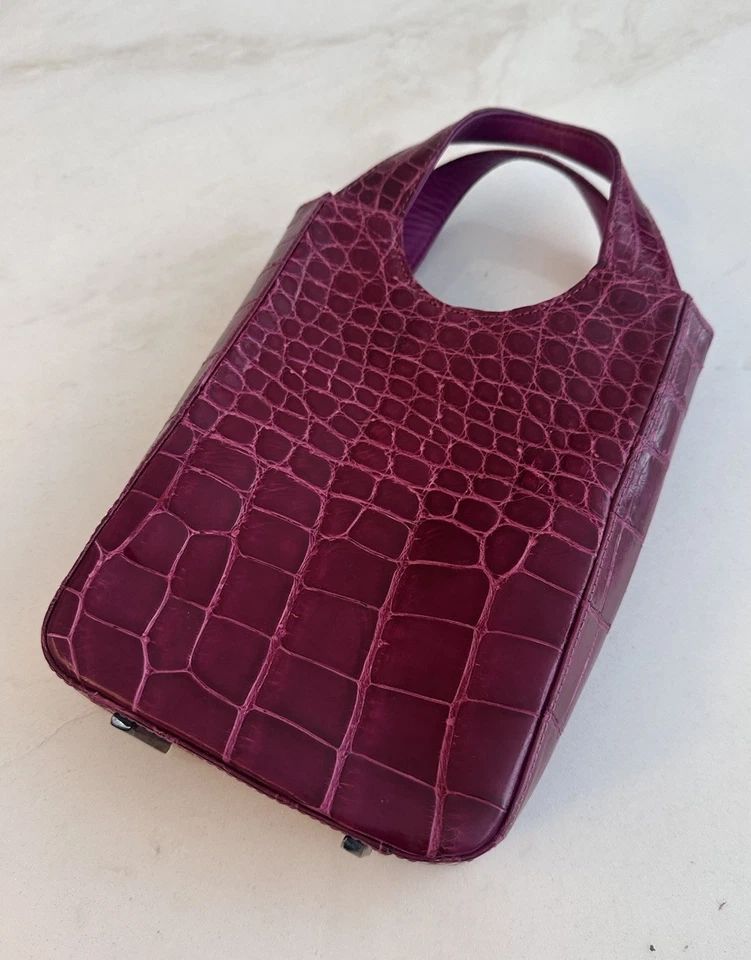 Bolso de Mano Carlos Falchi Mujer Cuero Cocodrilo Caimán Genuino Rosa Púrpura Foto 3 de 4