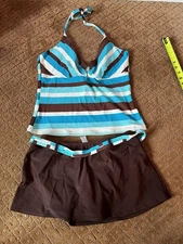 Ocean Dream Women’s Brown White And Blue Tankini Matching Swim Skirt Set Y2K