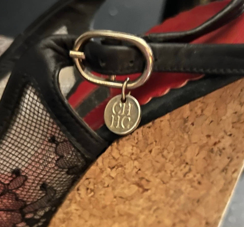 CH Carolina Herrera Cork Platform Sandal Black Lace Size 38 - Image 4 of 4