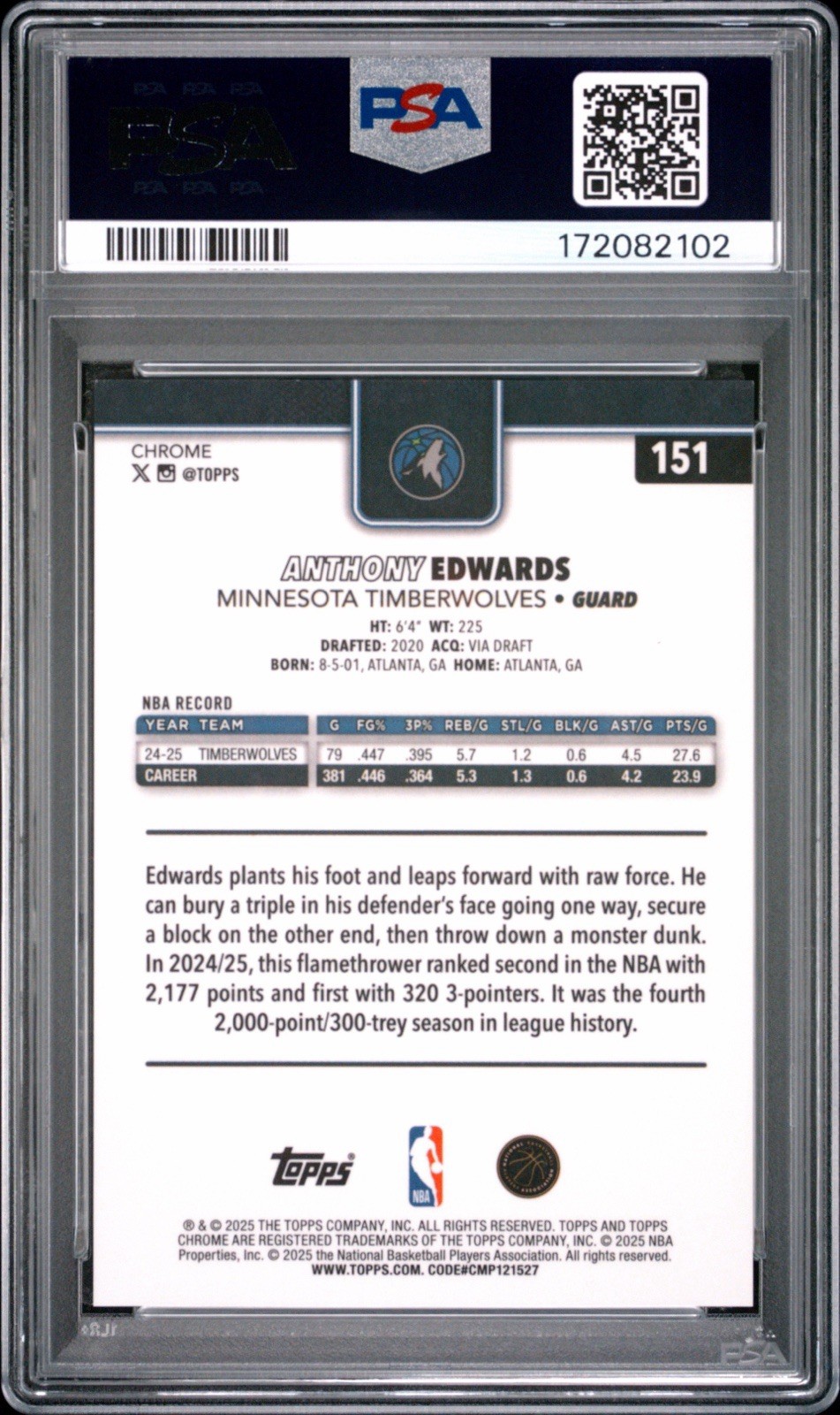 2025-26 Topps Chrome Anthony Edwards Blue X-Fractor #151 Timberwolves PSA 10 view 2