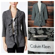 Calvin Klein Jacket Size 2 Ruffle Blazer 3/4 Sleeve Gray Pebble Print Seen On TV