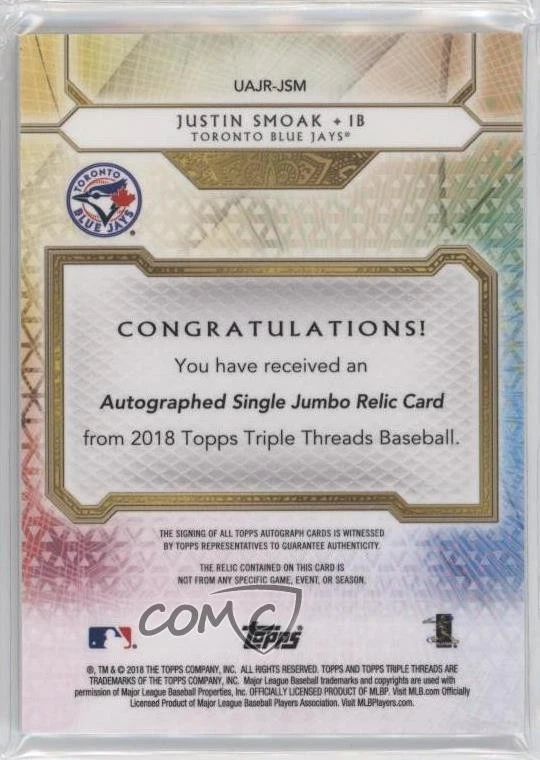 2018 Topps Triple Threads Single Jumbo Relics Silver /75 Justin Smoak Auto - Image 2 of 2