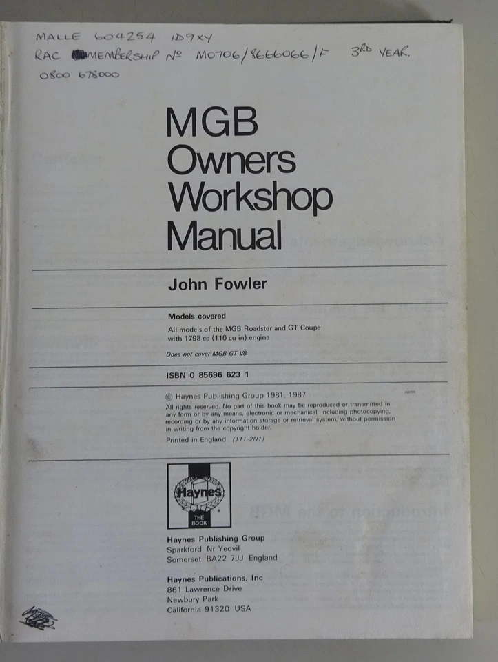 Manual de Reparación - Haynes Mgb Roadster / Gt Coupé/1800 Estrecho My 1962-1980 - Imagen 2 de 4