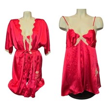 Red Satin Lace Trim Chemise  Robe Set