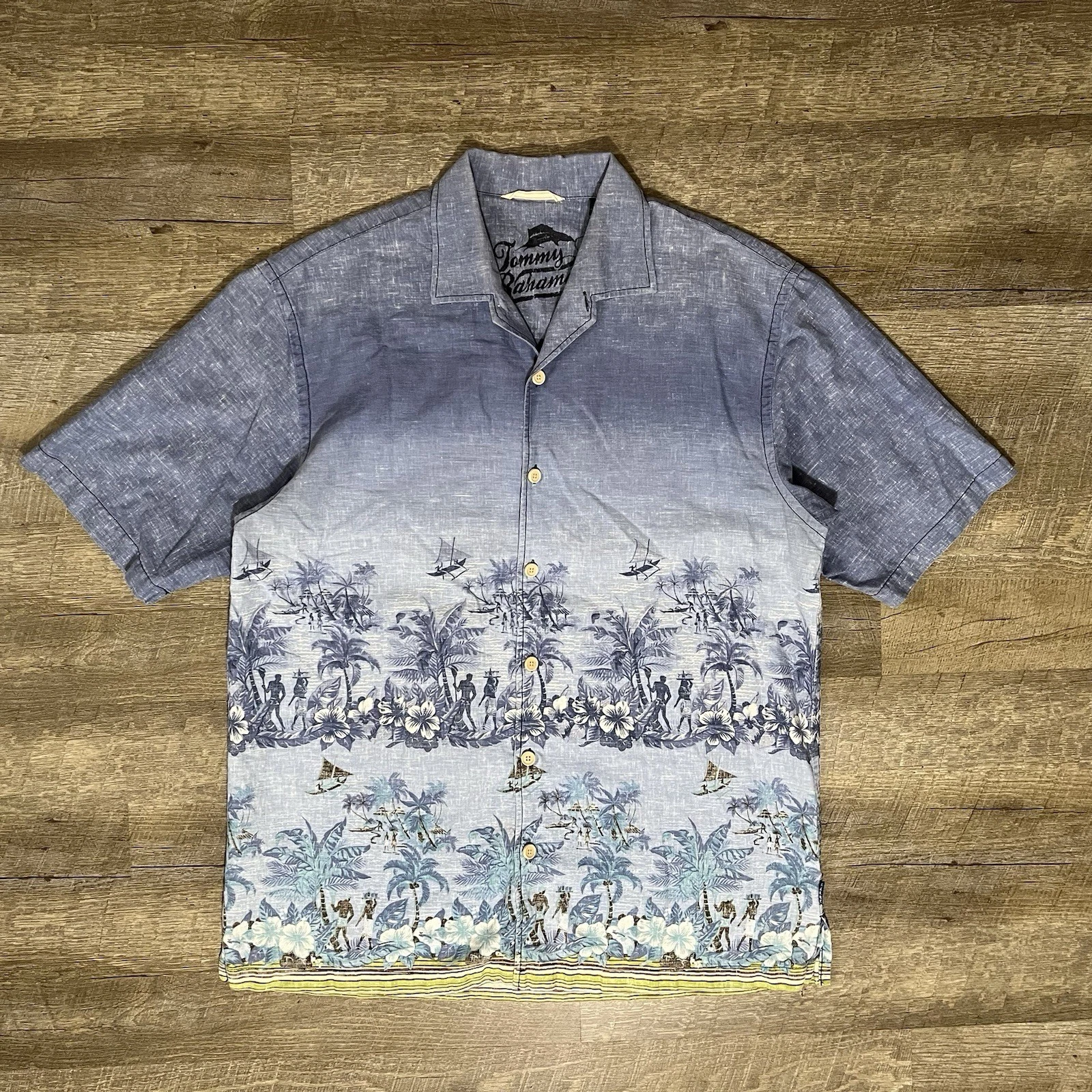 Tommy Bahama Hawaiian Shirt Men's L Linen Blend Watercolor Palm Tree