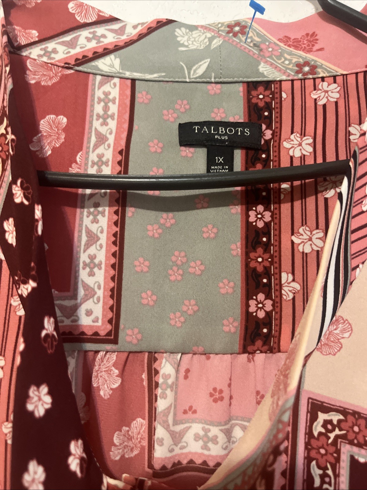 Talbots Floral Patchwork Pattern Tie Neck Button … - image 3