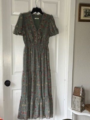 Max Studio London Green Floral Maxi Dress V-Neck Ruffle Flutter Sleeve M