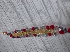 Red Silver Blush Crystal Beaded Bracelet Gold Coin Charm Boho