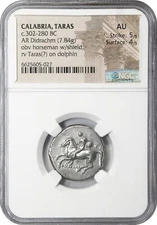CALABRIA. Tarentum, Warrior, Ancient AR Didrachm,  302-280 BC,  NGC AU