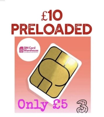 10 Credit Preloaded Three 3 3G/4G/5G Network SIM Card Pay as You  