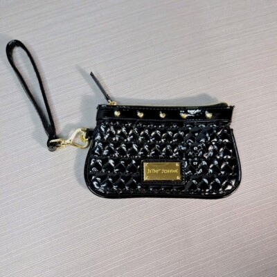 Betsey Johnson Wristlet Black Patent Quilted Heart Studded Wallet Be Mine Small 