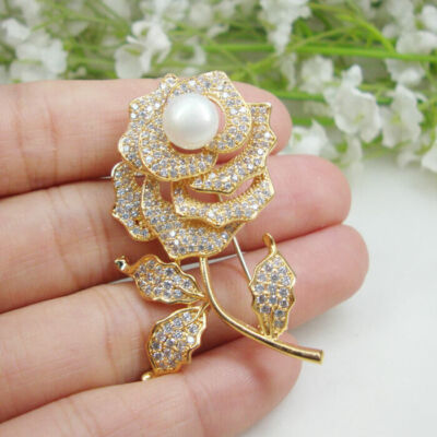 3.00Ct Simulated Round Cut Diamond & Pearl Flower Brooch Pin