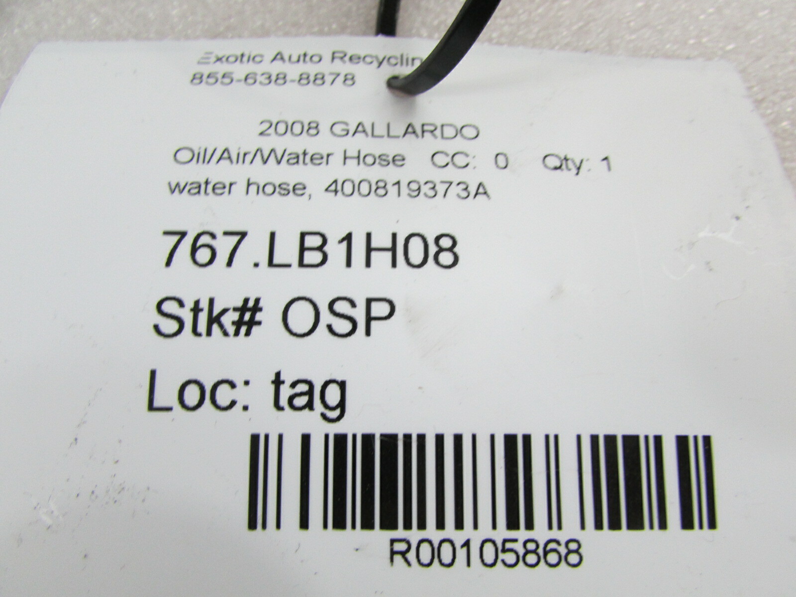 Lamborghini Gallardo, Heater Water Hose, Used, P/N 400819373A