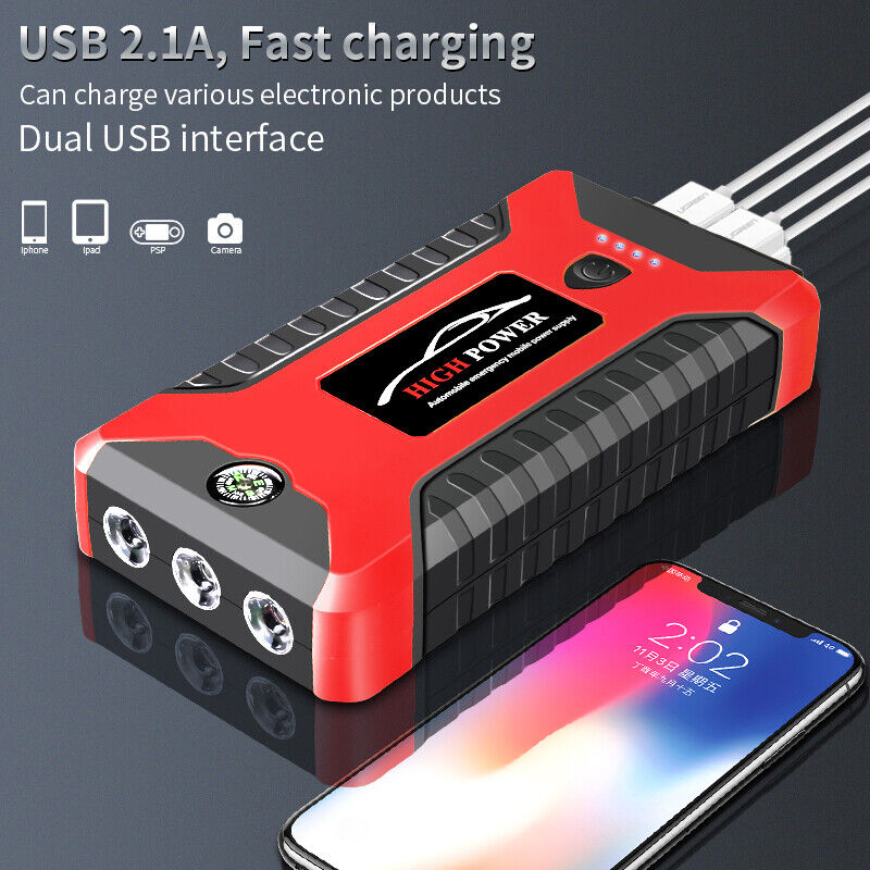 Multi-functional Car Battery Jump Starter 99800mAh Portable Charger Power  Bank for Cell Phone, 4 USB Ports, LED Flashlight, Emergency 12V Auto Jump