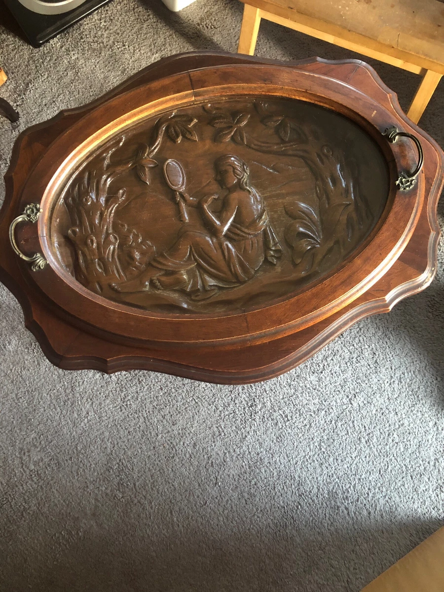 Antique Oval Oak wooden tea table removable glass serving tray