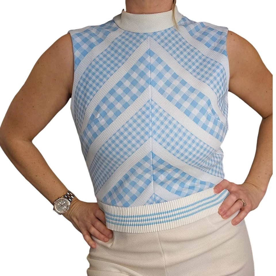 Mono Vintage Años 70 Talla 4 Blanco Azul Acampanado Sin Mangas Tejido Poliéster Pierna Ancha Foto 3 de 4