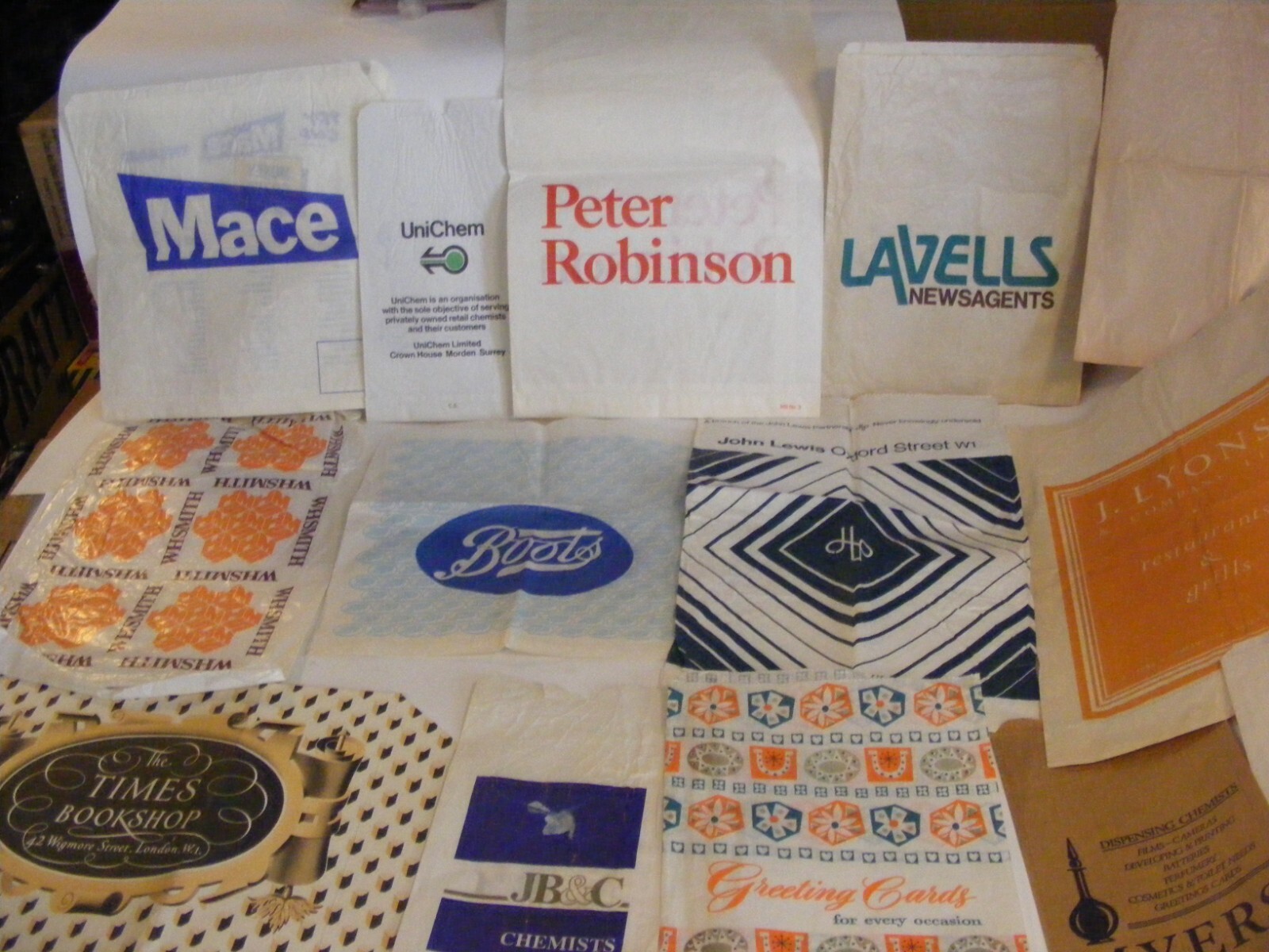 vintage lot of 1970s paper bags for central london shops myers,lyons