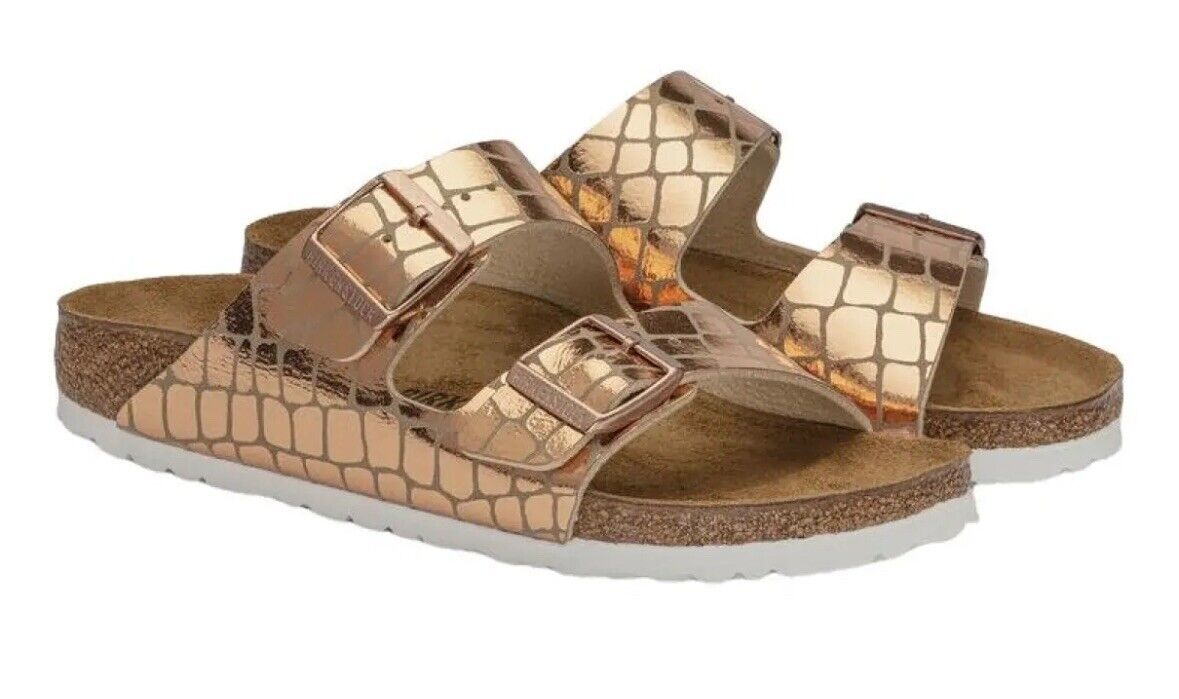Birkenstock Arizona GATOR GLEAM Slides NARROW Sandals CHOOSE SIZE Copper  Gold
