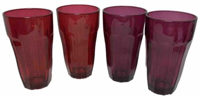 Vtg Four~2 Red 2 Purple Circleware Pasabahce Turkish Glasses Palaka Pattern
