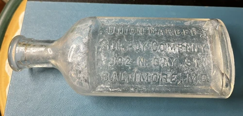 Antique UNION BARBER SUPPLY Vtg Glass Bottle Gay Street Baltimore MD