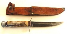 Vintage HUNTING KNIFE STAG/ANTLER HANDLE w/LEATHER SHEATH Rust