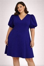 NWT DKNY Royal Blue Midi Dress Size 14W Puff Sleeve Elegant