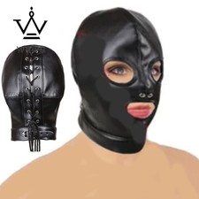 Unisex Leather Head Bondage Hood Mask Open Eye Mouth Head Harness Couple Flirt