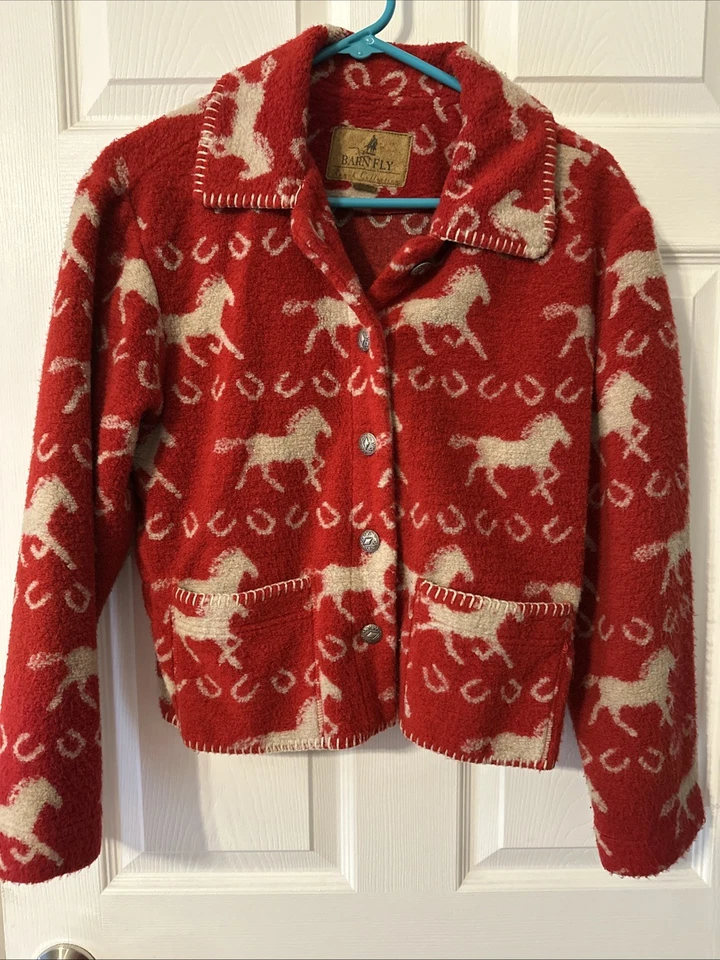 Vintage Barn Fly Horse Printed Fleece Short Jacket Ranch Western Red Size M - Image 2 of 4