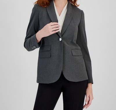 Anne Klein Women's Gray Notched Collar One-Button Blazer Jacket Size 14