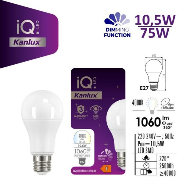 ŻAróWka Led E27 IQ-LEDDIM A60 10,5W-NW 1060Lm 4000K Barwa Neutralna śCiemnialna-image