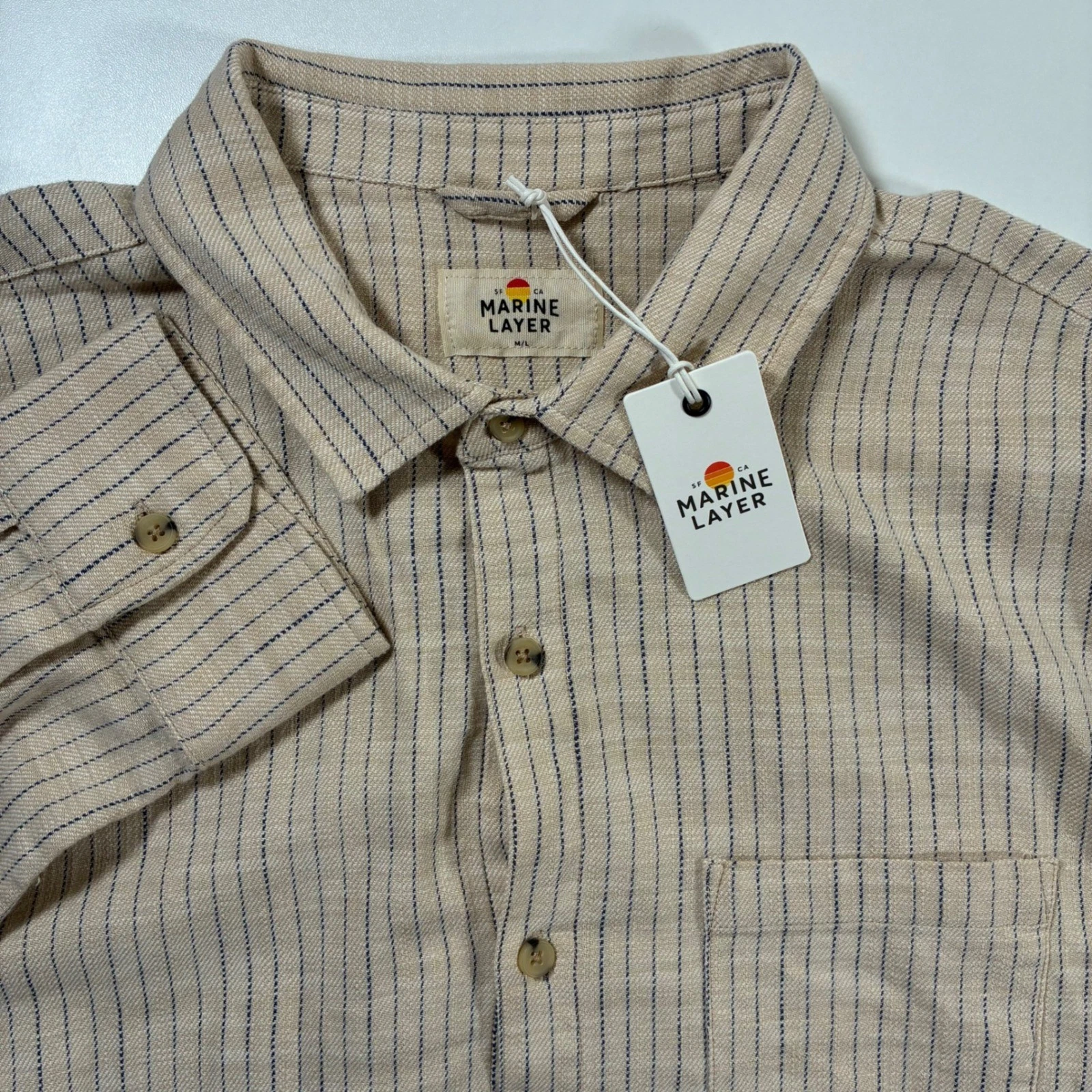 NEW Marine Layer Stretch Selvage Shirt M/L Marge Natural Vertical Stripe
Opens in a new window or ta
