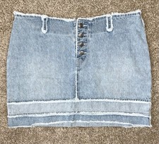 Vintage Route 66 Denim Mini Skirt 14 Light Wash Buttons Distressed Raw Hem Y2K