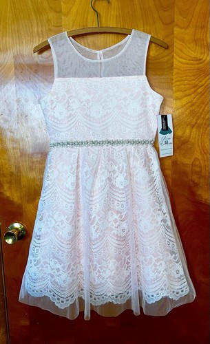 NEW Rare Edition Girls Pink Lace $84 Rhinestone Pearl Bow Easter Dress Sz 16