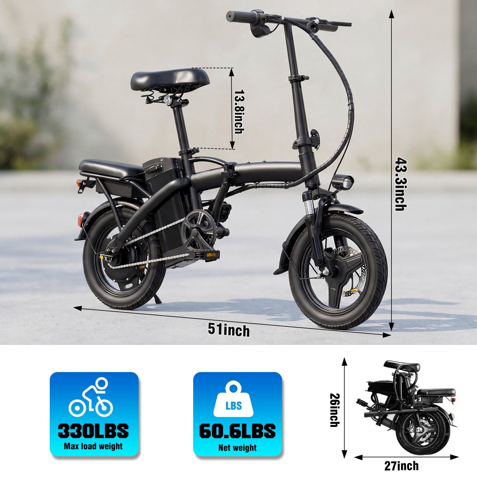 560W E-bike Folding Electric Bike 48V Commuter City 14" Lightweight For Adults