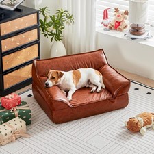 Dog Couch Bed Leather Cat Sofa for Small and Medium Pets Under 50 lbs, Brown Mid