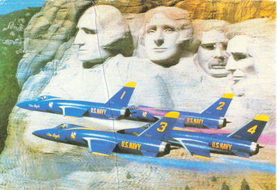 Postcard Grumman F11F - 1 Tiger Blue Angels over Mt Rushmore South Dakota