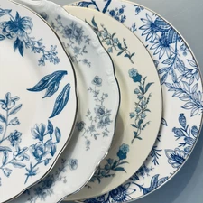4 Vtg Mismatched China Salad Luncheon Plates Plate Set Mixed Floral White blue