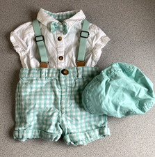 Tommy Bahama Boys Shirt  Shorts Suspenders Set 3-6 Months 3 Pc White Green Hat