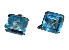 Vtg Art Deco Sterling Silver Faceted Aquamarine Blue Glass Screw Back Earrings