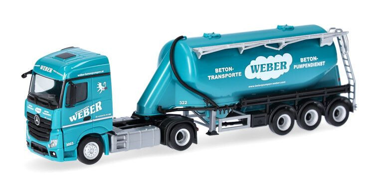 Miniature Herpa Mercedes Benz Actros 2018 4x2 avec semi-remorque silo 3 essieux Weber échelle 1/87