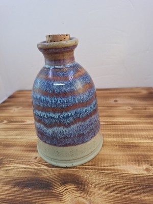 Signed HANDMADE STUDIO ART POTTERY, PURPLE BLUE SWIRLS, Jar Vase Stopper 6'' Sign