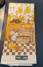 NWT Vintage Linen Dish Towel Coffee Grinder Beans Pot Cups Daisies
