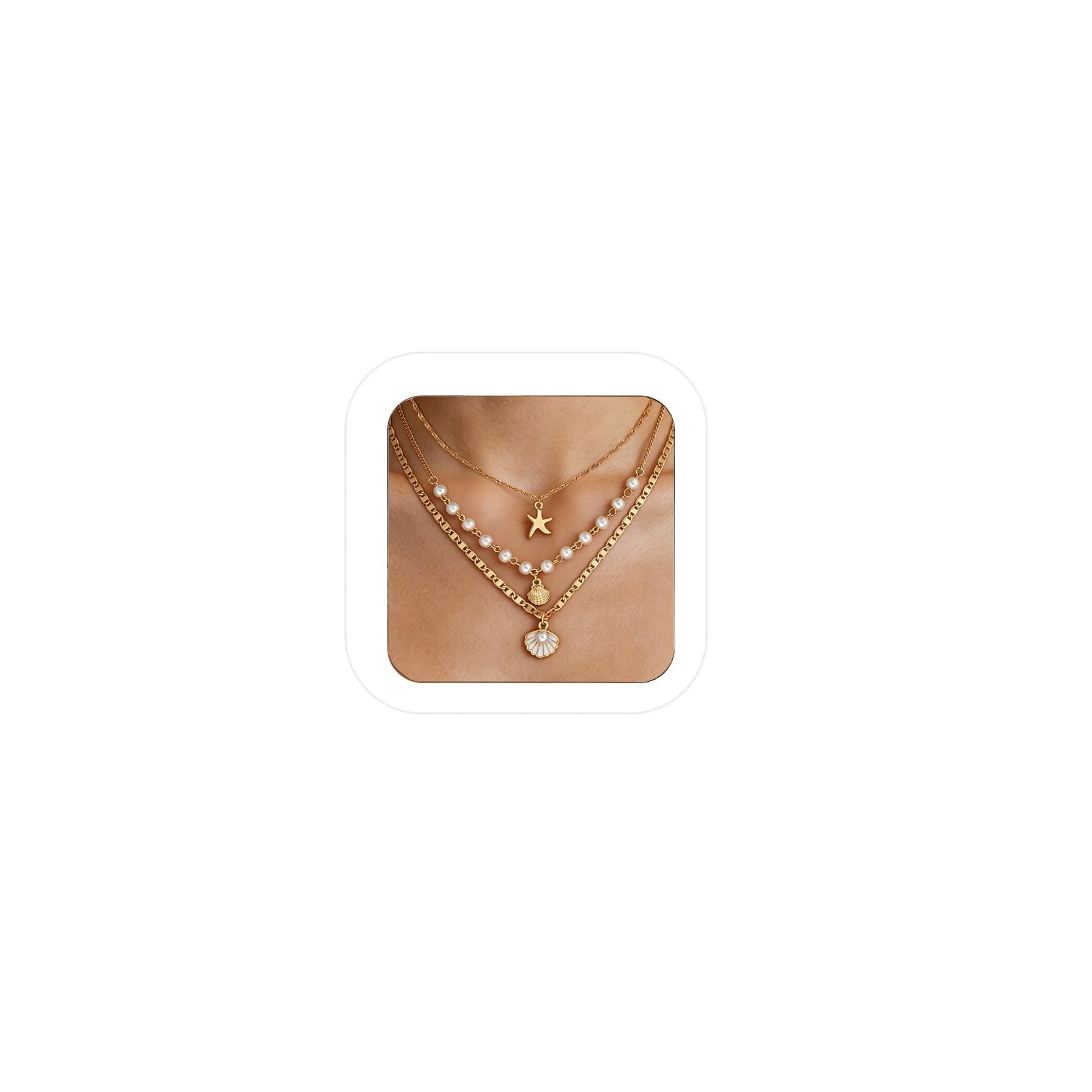 Shell Starfish Necklace for Women Gold Layered SeaShell Pendant Charm Necklac...