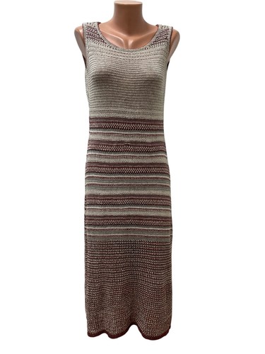 FALCONERI Gr. S 65% LEINEN Strickkleid Häkel Kleid Beige Burgund Midi Wadenlang